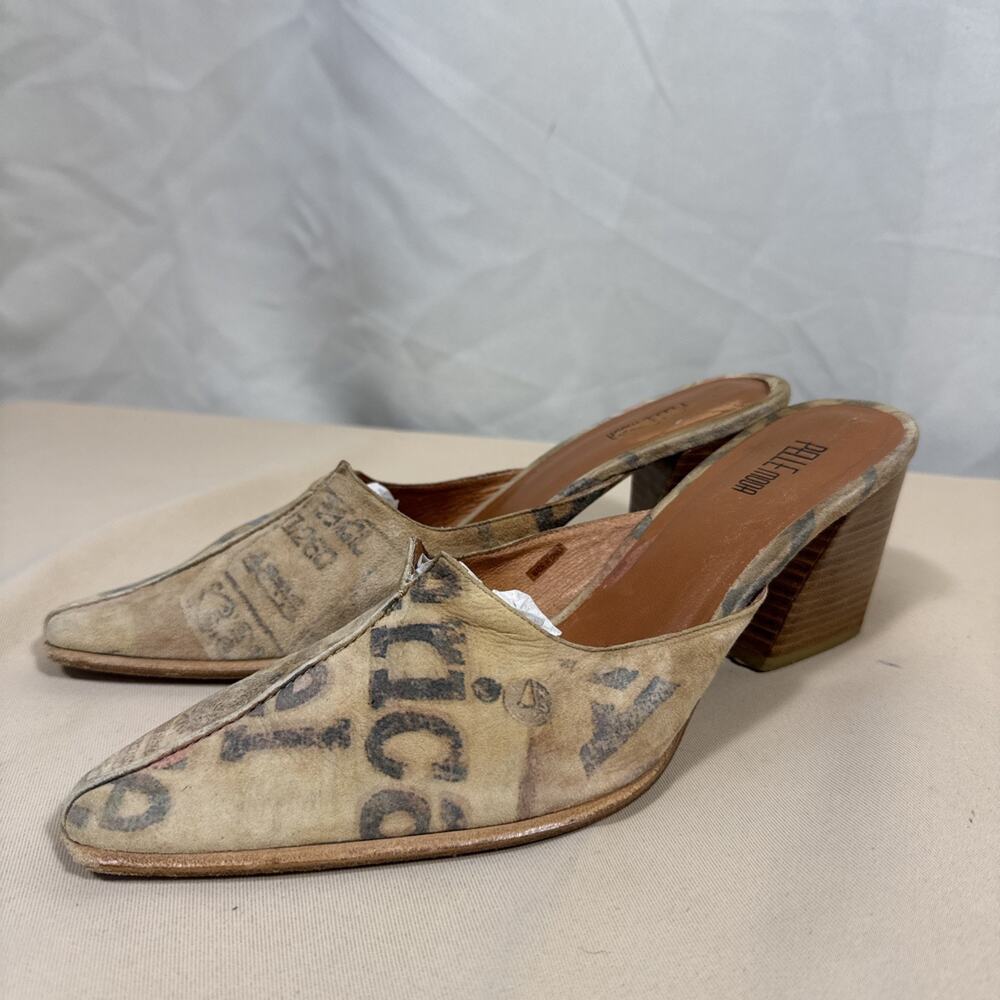Pelle Moda Womens 8 Leather Suede Mules Graphic Print Block Heel Y2K Boho